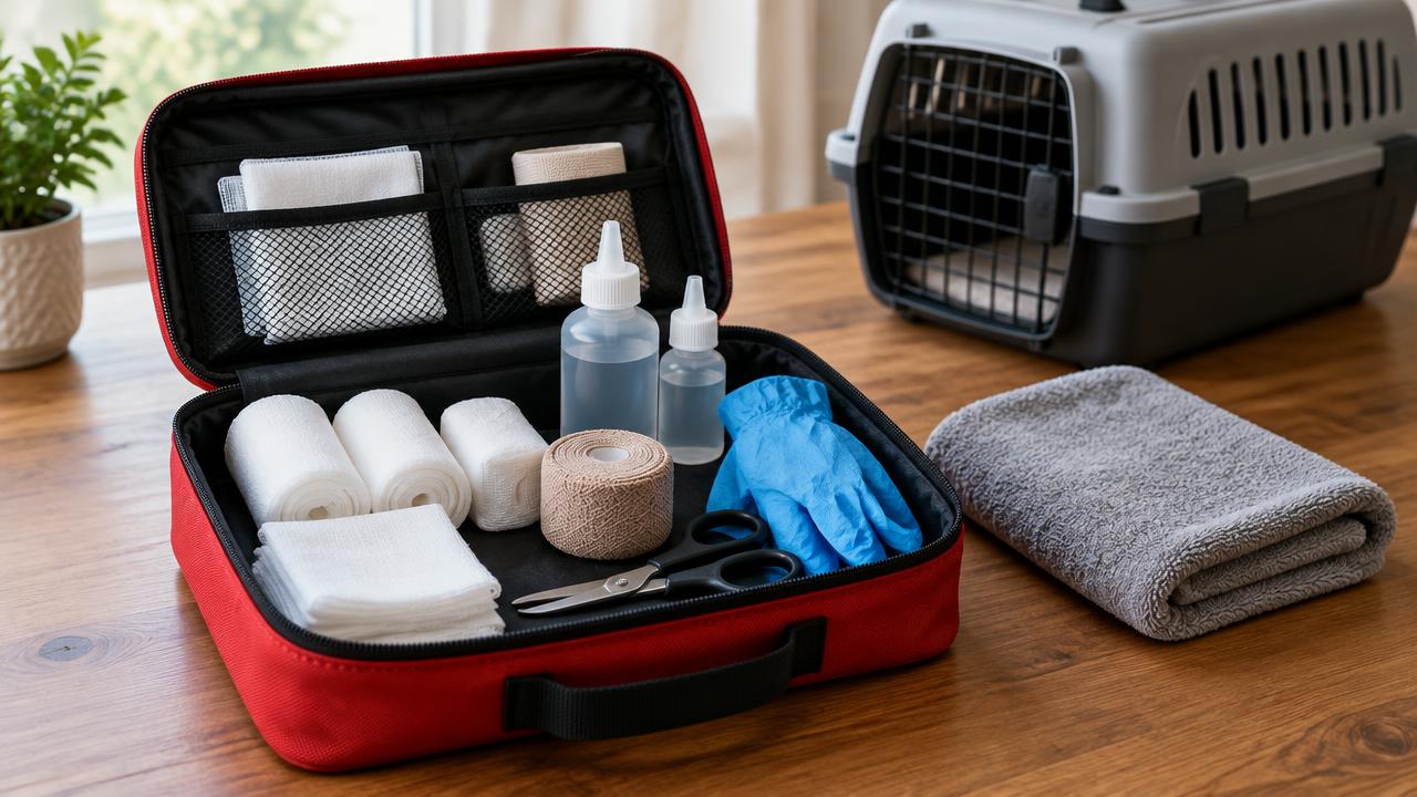 Kit de primeiros socorros aberto com gaze, ataduras, soro, tesoura e luvas